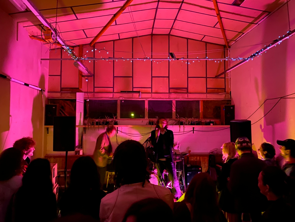 the inside of avalon cafe, bermondsey, during a gig, crowd in front of the stage which is lit pink